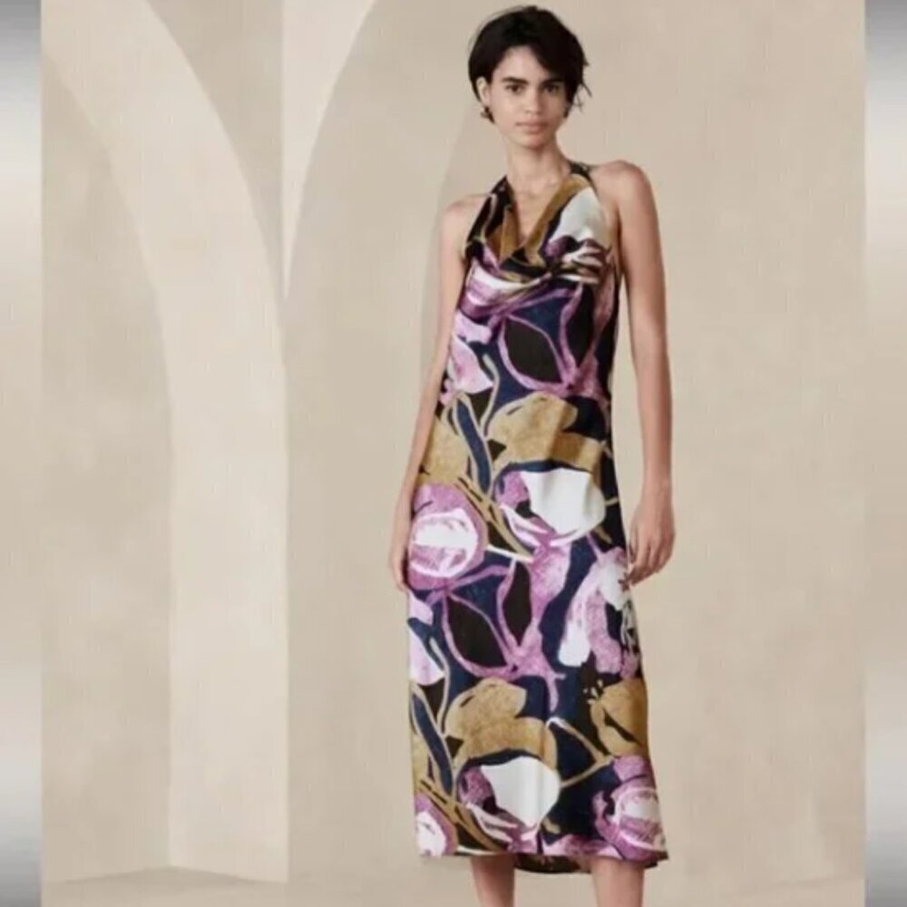 NWT Banana Republic Satin Halter Neck Midi Dress in Purple Flower size Small